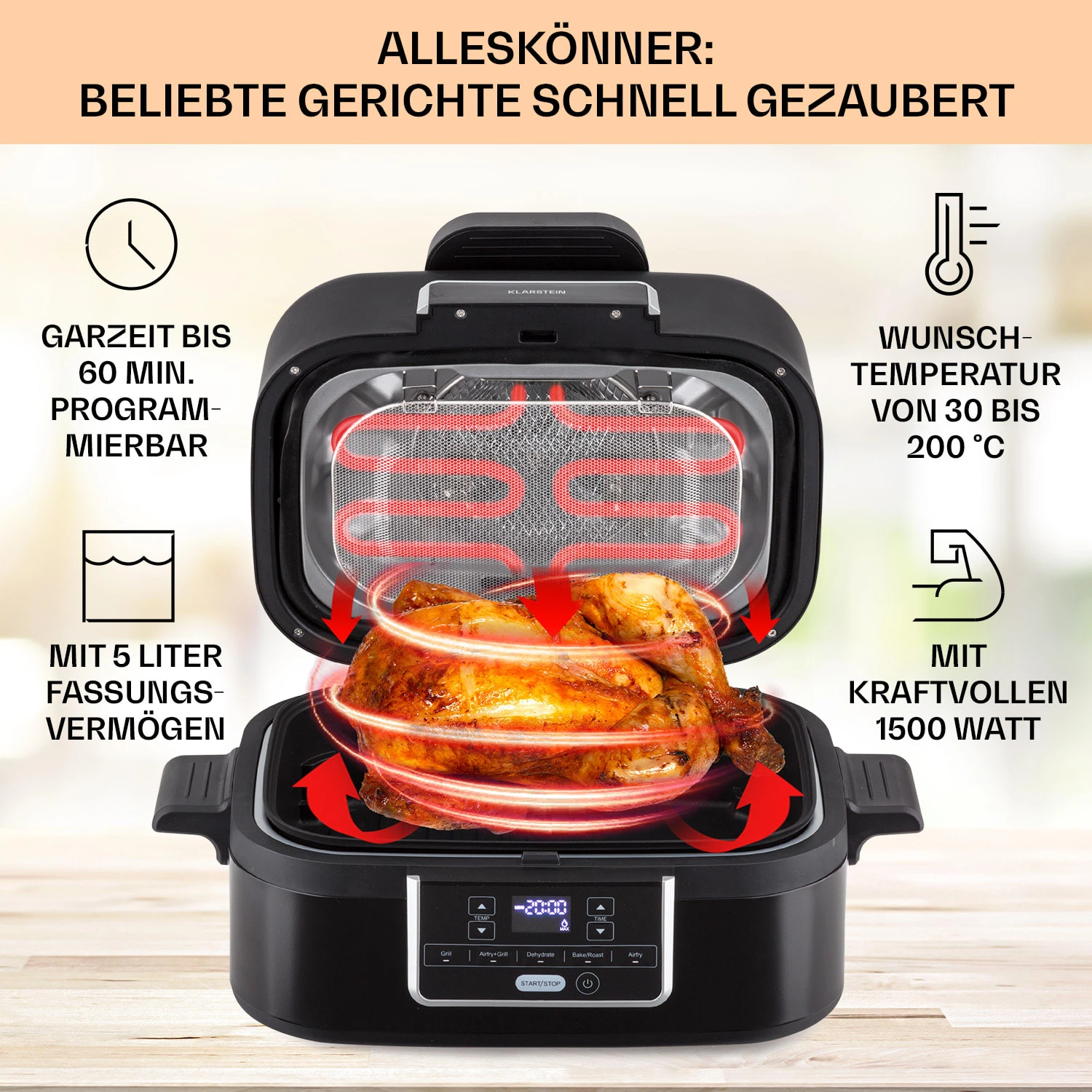 Combo Air Grill-Heißluftfritteuse 5 Programme 1500 Watt 4,5 L Grillkorb 2,5 L Frittierkorb 4 Combo Air Grill-Heißluftfritteuse 5 Programme 1500 Watt 4,5 L Grillkorb 2,5 L Frittierkorb – Bild 2