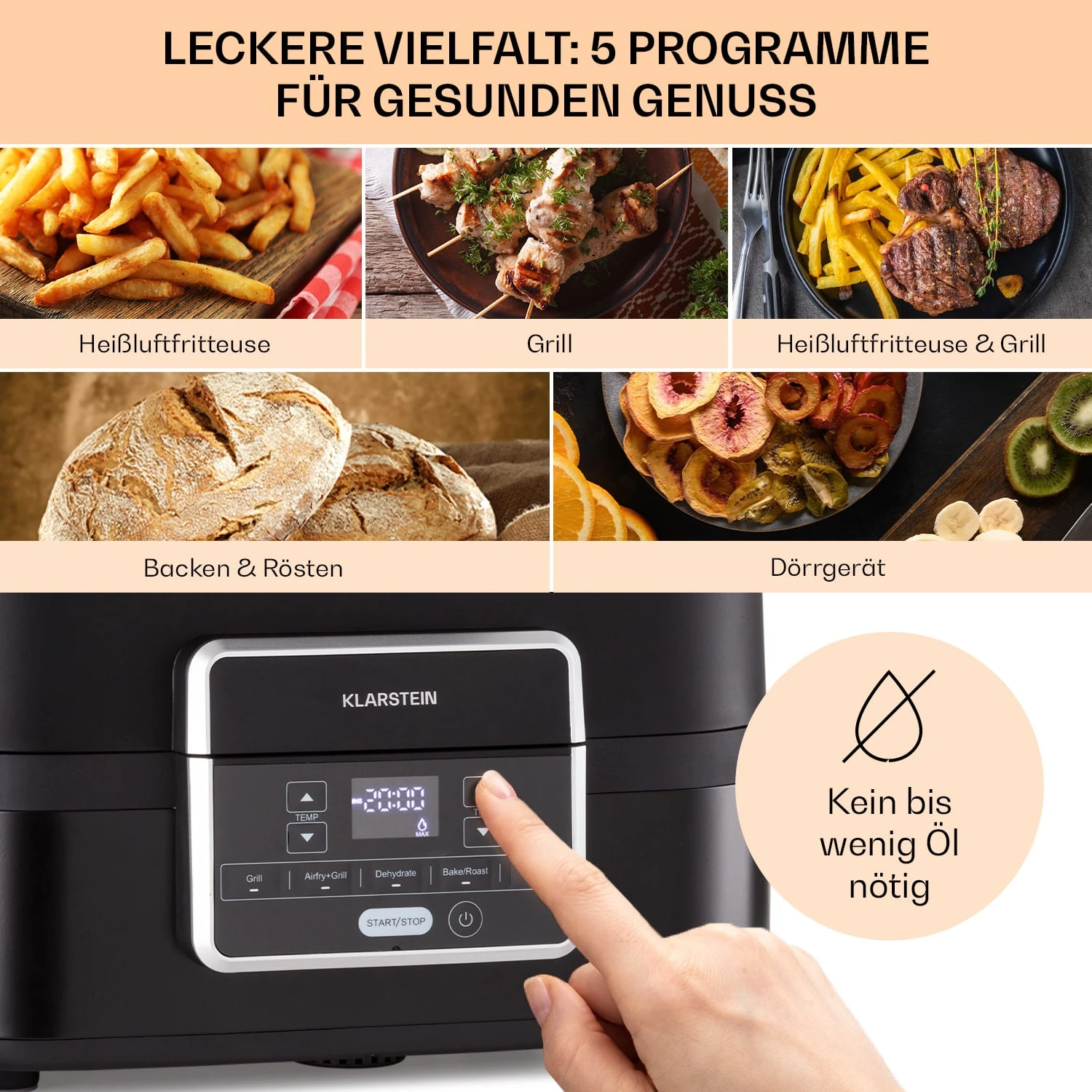 Combo Air Grill-Heißluftfritteuse 5 Programme 1500 Watt 4,5 L Grillkorb 2,5 L Frittierkorb 5 Combo Air Grill-Heißluftfritteuse 5 Programme 1500 Watt 4,5 L Grillkorb 2,5 L Frittierkorb – Bild 3